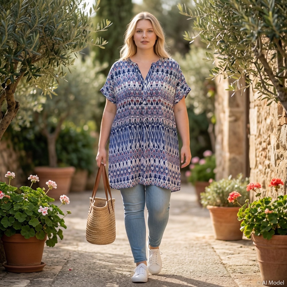 Sejour Tunic Top Womens 1X Blue Red‎ Geometric Ikat Print Short Sleeve V-Neck